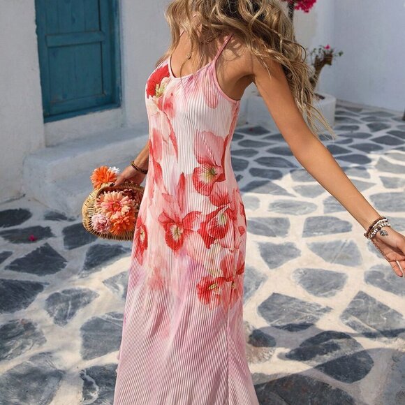 Baby Pink Boho Women's Romantic Floral Print Dress With Pleated Texture - Picture 3 of 7
